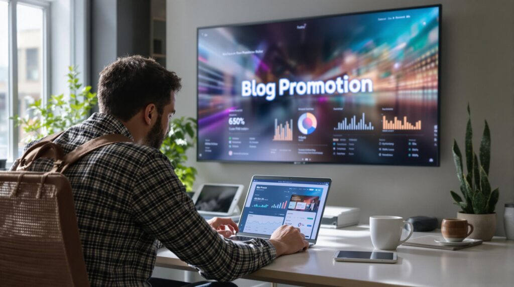 Person planning blog promotion at a modern office workspace in daylight