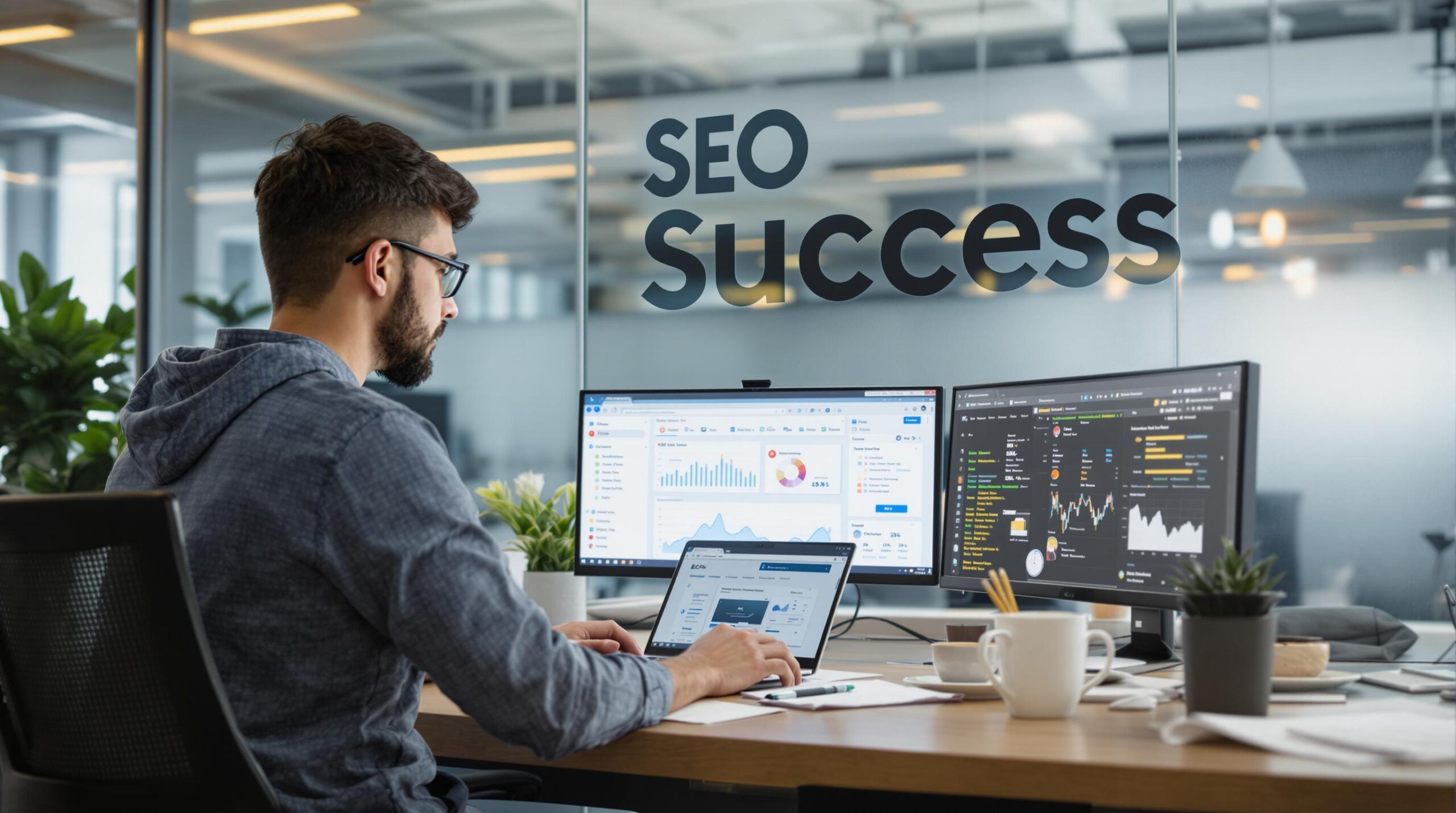 Professional working on SEO strategy at modern digital workspace